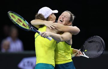 Sam Stosur and Storm Hunter embrace during the Billie Jean King Cup Finals in 2022. Picture: Getty Images