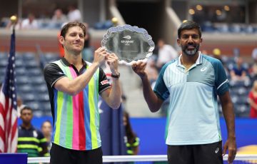 Matt Ebden and Rohan Bopanna with their finalist trophy at US Open 2023. Picture: Getty Images