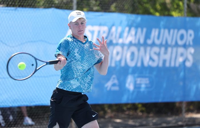 Jeffrey Strydom (SA) during play at the West Lakes Tennis Club in Adelaide, as part of the 2023 12/u and 14/u Australian Hardcourt Championships on Sunday, October 8, 2023. Photo by TENNIS AUSTRALIA/DAVID MARIUZ