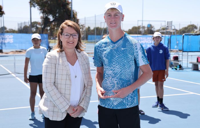 Tennis SA CEO Debbie Sterrey with Jeffrey Strydom (SA) during the awards ceremony at the West Lakes Tennis Club in Adelaide, as part of the 2023 12/u and 14/u Australian Hardcourt Championships on Sunday, October 8, 2023. Photo by TENNIS AUSTRALIA
