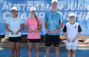 Singles champions Pauline Ma, Jennifer Ott, Jeffrey Strydom and Raphael Savelli at the 2023 Australian Junior Hardcourt Championships. Picture: Tennis SA