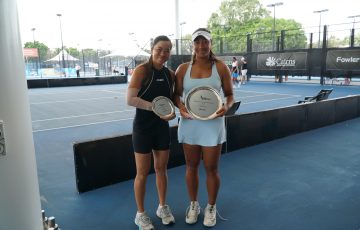 Finalist Lizette Cabrera and champion Destanee Aiava in Cairns. Picture: Tennis Queensland