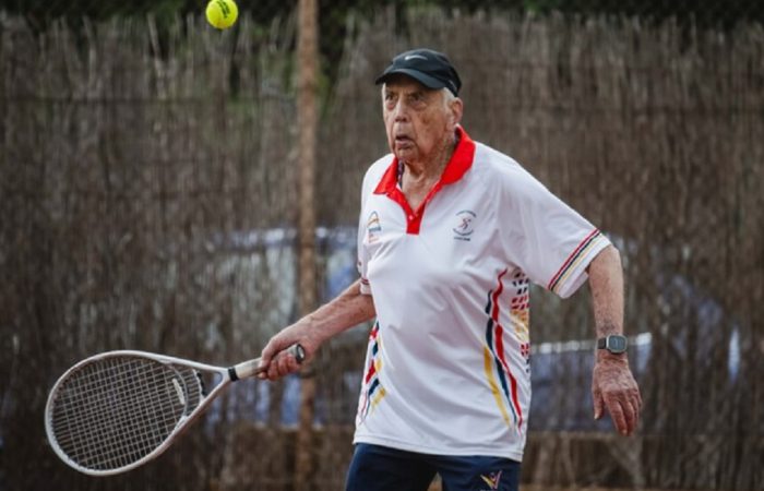 Australian Henry Young, 100, in action at the 2023 ITF Masters World Individual Championships in Spain. Picture: ITF