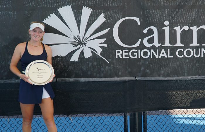 Taylah Preston celebrates winning the women's singles title at the Cairns International. Picture: Tennis Queensland