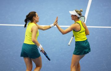Kimberly Birrell and Storm Hunter during the 2023 Billie Jean King Cup Finals. Picture: Getty Images