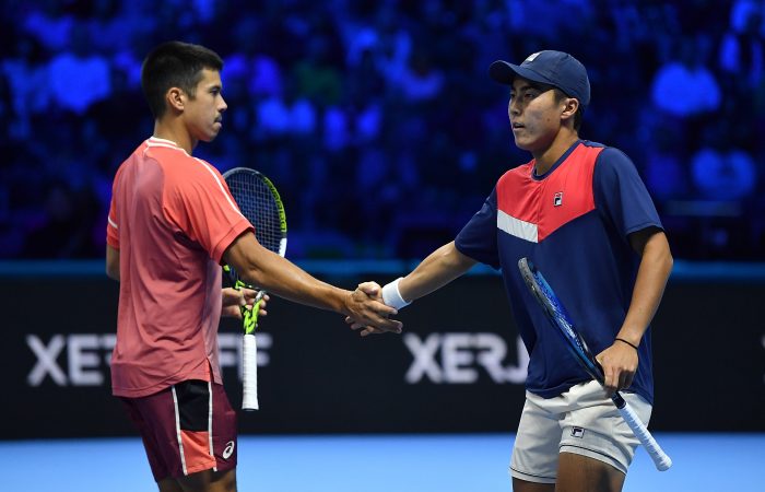 TURIN, ITALY - NOVEMBER 15: Rinky Hijikata (R) of Australia and Jason Kubler of Australia celebrate a point against Matthew Ebden of Australia and Rohan Bopanna of India during the Men's Doubles Round Robin match on day four of the Nitto ATP Finals at Pala Alpitour on November 15, 2023 in Turin, Italy. (Photo by Valerio Pennicino/Getty Images)