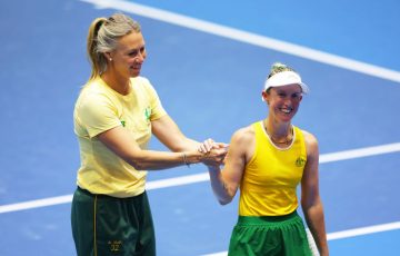 Storm Hunter is congratulated by Australia Billie Jean King Cup captain Alicia Molik; Getty Images 