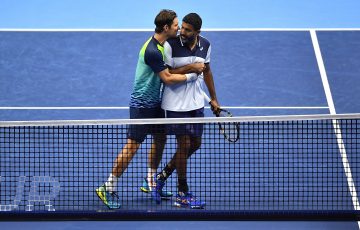 TURIN, ITALY - NOVEMBER 17:  Rohan Bopanna of India (R) and Matthew Ebden of Australia celebrate match point against Neal Skupski of Great Britain and Wesley Koolhof of the Netherlands in their round robin doubles match during day six of the Nitto ATP Finals at Pala Alpitour on November 17, 2023 in Turin, Italy.  (Photo by Valerio Pennicino/Getty Images)