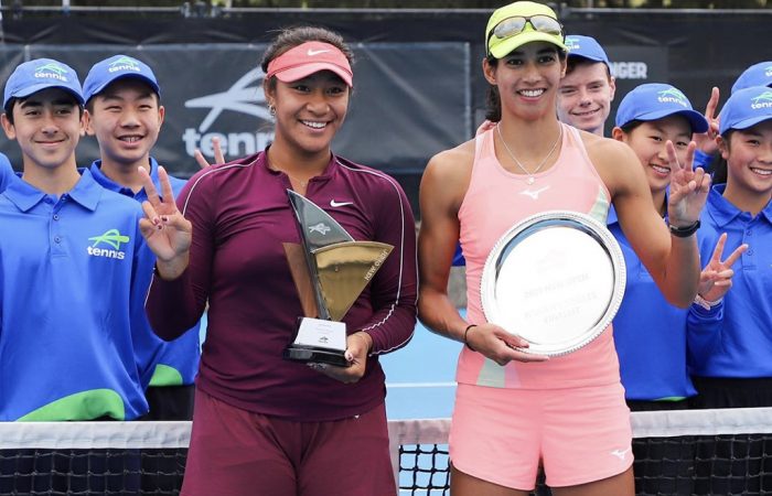 Destanee Aiava celebrates her win at the NSW Open with finalist Astra Sharma.