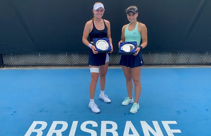 Taylah Preston celebrates her Australian Pro Tour win in Brisbane alongside finalist Darya Astakhova.