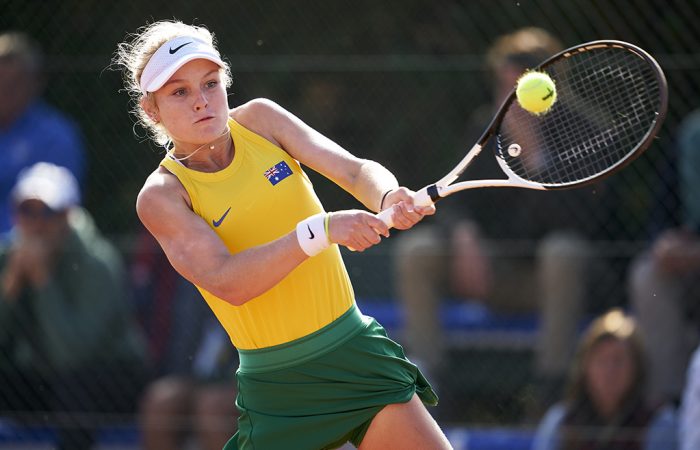 Australian Emerson Jones in action at the 2023 Junior Billie Jean King Cup Finals. Picture: ITF