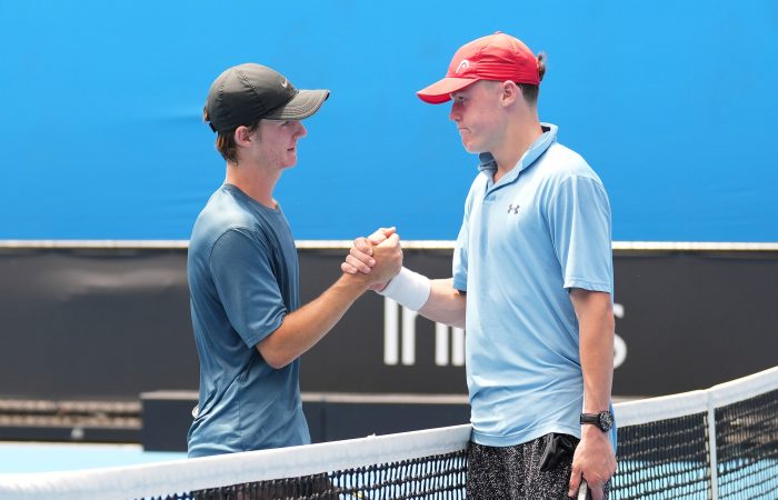 Rising stars Zane Stevens and Lachlan McFadzean at the 2023 December Showdown. Picture: Tennis Australia