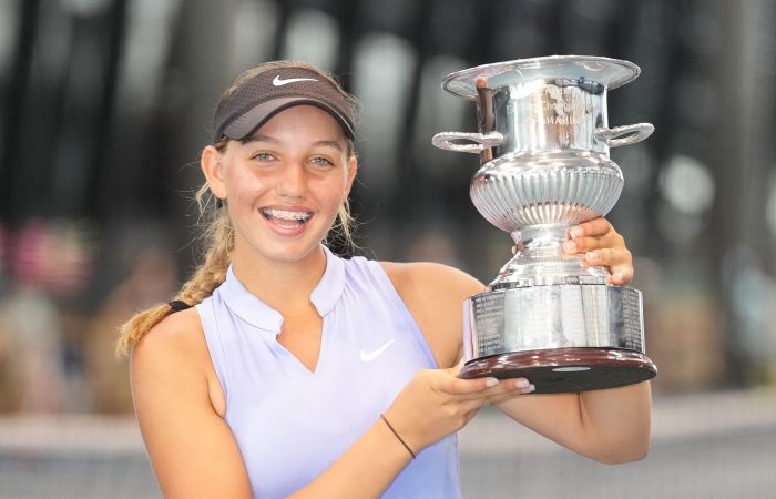 Jizelle Sibai celebrates winning the 14/u girls' singles title at the 2023 December Showdown. Picture: Tennis Australia