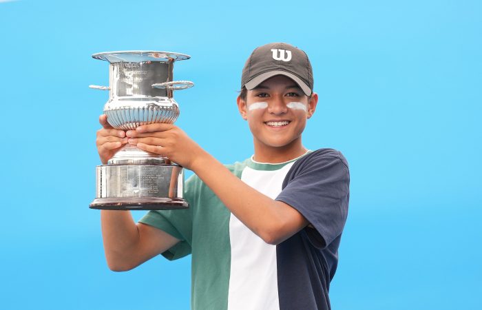 Connor McEvoy celebrates winning the 14/u Australian Junior Tour Masters at the 2023 December Showdown. Picture: Tennis Australia