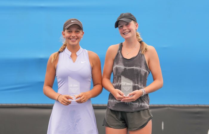Georgia CAMPBELL and Jizelle SIBAI pose after winning the Girls Doubles Final of the 14/u Championships at the 2023 December Showdown at Melbourne Park on Friday, December 8, 2023. Photo by TENNIS AUSTRALIA/ SCOTT BARBOUR