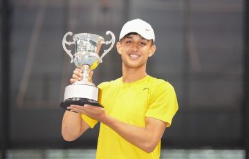 Alexander Despoja celebrates his victory at the 2023 December Showdown. Picture: Tennis Australia
