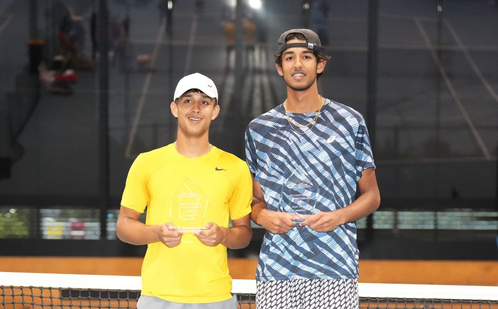 Alexander Despoja and Rohan Hazratwala with their doubles trophies. Picture: Tennis Australia