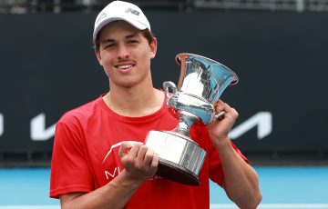 Daniel Jovanovski celebrates his singles victory at the 2023 December Showdown. Picture: Tennis Australia