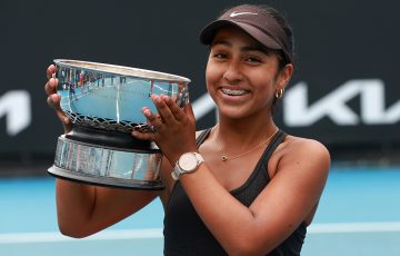 Giselle Guillen celebrates her victory at the 2023 December Showdown. Picture: Tennis Australia