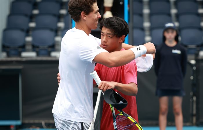 Daniel Jovanovski of Victoria (L) celebrates his victory over Chase Zhao of New South Wales in the U16 Boys final at the 2023 December Showdown at Melbourne Park on Saturday, December 16, 2023. Photo by TENNIS AUSTRALIA/ HAMISH BLAIR