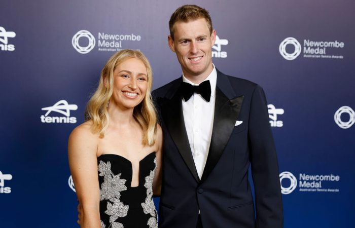 Aussie couple Daria and Luke Saville on the blue carpet at the 2023 Australian Tennis Awards. Picture: Getty Images