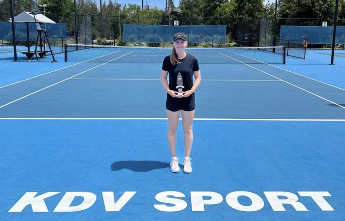 Talia Gibson celebrates her win at the Gold Coast Tennis International.