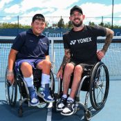 Jin Woodman and Heath Davidson pose for a photo during the 2024 Australian Wheelchair Tennis Summer Series Launch at Hume Tennis Community Centre 