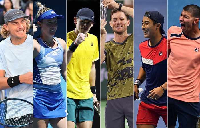 (L-R) Max Purcell, Storm Hunter, Alex de Minaur, Matt Ebden, Rinky Hijikata and Alexei Popyrin have been nominated for the Newcombe Medal in 2023. (Getty Images)
