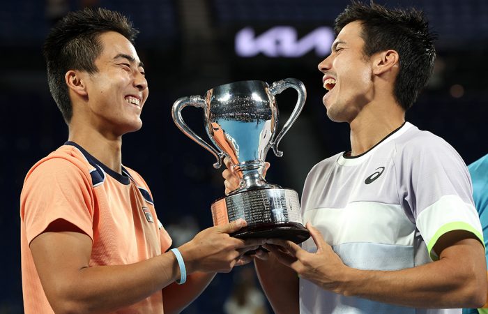 Rinky Hijikata and Jason Kubler celebrate their title-winning run at Australian Open 2023. Picture: Tennis Australia