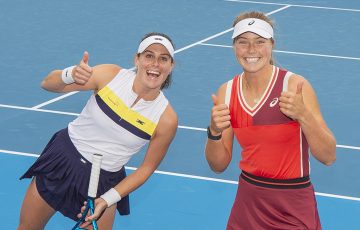 January 8: Kimberly Birrell (AUS) and Olivia Gadecki (AUS) wins the doubles match against Oksana Kalashnikova (GEO) and Maia Lumsden (GBR). 2024 Hobart International, on Monday, January 8, 2024. Photo by TENNIS AUSTRALIA/ RICHARD JUPE