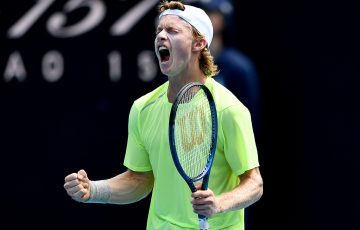 Dane Sweeny celebrates his first-round qualifying win at Australian Open 2024. Picture: Tennis Australia