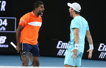 Rohan Bopanna and Matt Ebden celebrate their semifinal victory at Australian Open 2024. Picture: Tennis Australia