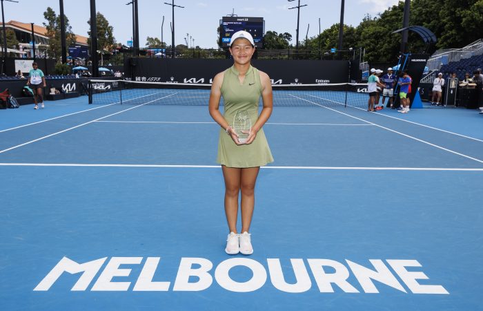 January 26:  Emilie Chen (AUS) at the Trophy presentation for the  Asia-Pacific Elite 14 & Under Trophy tournament at court 13 during the 2024 Australian Open on Friday, January 26, 2024. Photo by TENNIS AUSTRALIA/ LUKE HEMER