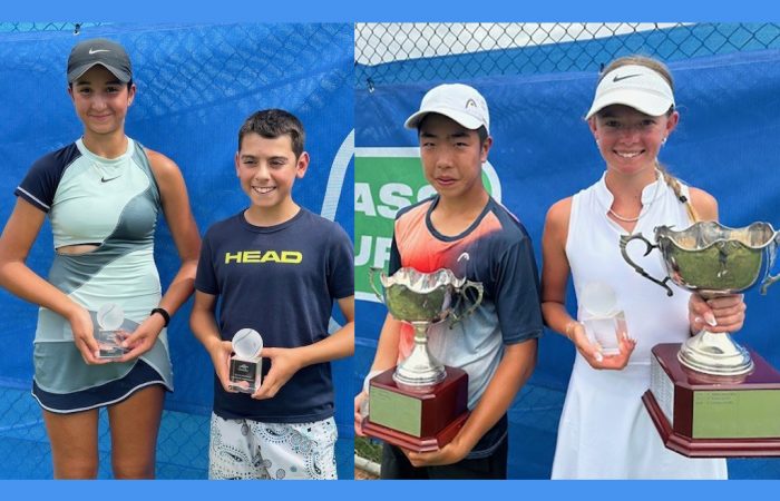 Musemma Cilek, Novak Palombo, Lucas Han and Brooke Komorowski celebrate their victories at the 2024 Australian Grasscourt Championships.