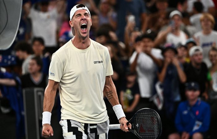 Thanasi Kokkinakis celebrates his first-round win at Australian Open 2024. Picture: Getty Images
