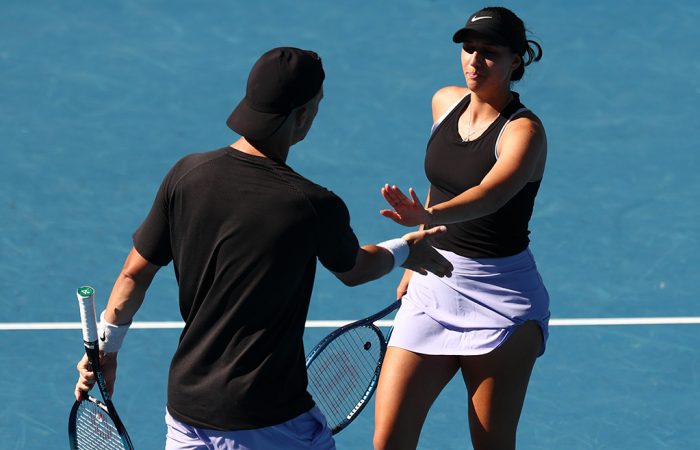 MELBOURNE, AUSTRALIA - JANUARY 23: Jaimee Fourlis and Andrew Harris of Australia celebrate a point in their quarterfinals mixed doubles match against Laura Siegemund of Germany and Sander Gille of Belgium during the 2024 Australian Open at Melbourne Park on January 23, 2024 in Melbourne, Australia. (Photo by Graham Denholm/Getty Images)