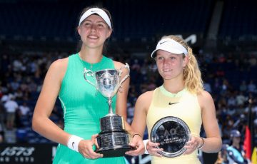 Australian Open 2024 girls' singles champion Renata Jamrichova with runner-up Emerson Jones. Picture: Getty Images