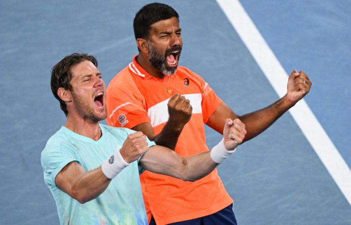 Matt Ebden and Rohan Bopanna celebrate their Australian Open 2024 triumph. Picture: Getty Images