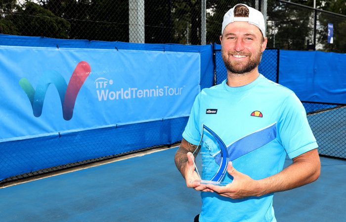 Omar Jasika celebrates winning the Traralgon International. Picture: Tennis Australia