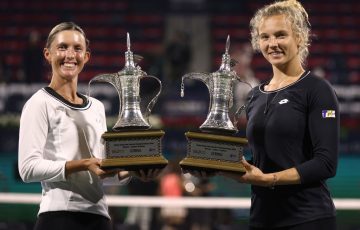 Storm Hunter and Katerina Siniakova celebrate their title-winning run at Dubai. Picture: Getty Images