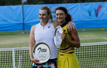 Alicia Smith and Tahlia Kokkinis celebrate winning an Australian Pro Tour title in Mildura. Picture: Tennis Australia