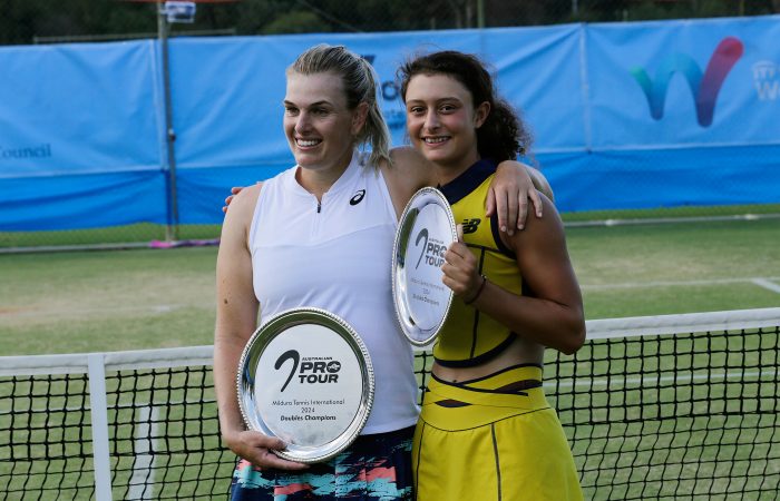 Alicia Smith and Tahlia Kokkinis celebrate winning an Australian Pro Tour title in Mildura. Picture: Tennis Australia