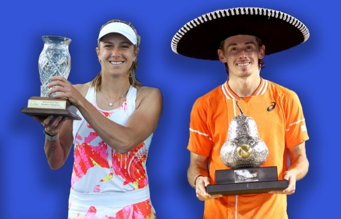 Ellen Perez and Alex de Minaur celebrating title-winning runs. Pictures: Getty Images