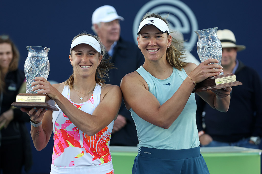 Ellen Perez (left) and Nicole Melichar-Martinez won the WTA San Diego doubles title. (Getty Images)