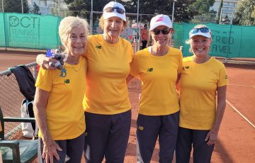 Helen Worland, Sue Walter, Sally Van Rensburg and Adrienne Avis won a gold medal at the 2024 ITF Masters World Team Championships in Turkey. Picture: Tennis Seniors Australia
