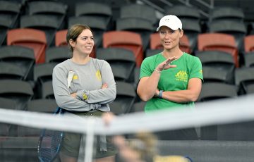 Codie George and Sam Stosur during a Billie Jean King Cup practice session at Pat Rafter Arena. Picture: Tennis Australia