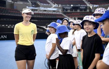 Storm Hunter meets AO Holiday Programs presented by Weet-Bix participants in Brisbane. Picture: Tennis Australia 