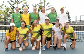 The Australian Billie Jean King Cup team with the nation's most promising junior girls in Brisbane. Picture: Tennis Australia