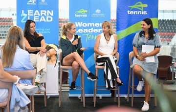 Lisa Ayres, Jessica Moore, Annabel Taylor and Casey Dellacqua during a women and girls panel discussion in Brisbane. Picture: Tennis Australia