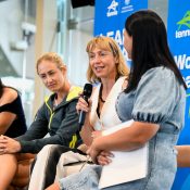 Annabel Taylor (pictured with microphone) shared advice during a Women and Girls' breakfast at the Billie Jean King Cup Qualifier tie in Brisbane last month. Picture: Tennis Australia